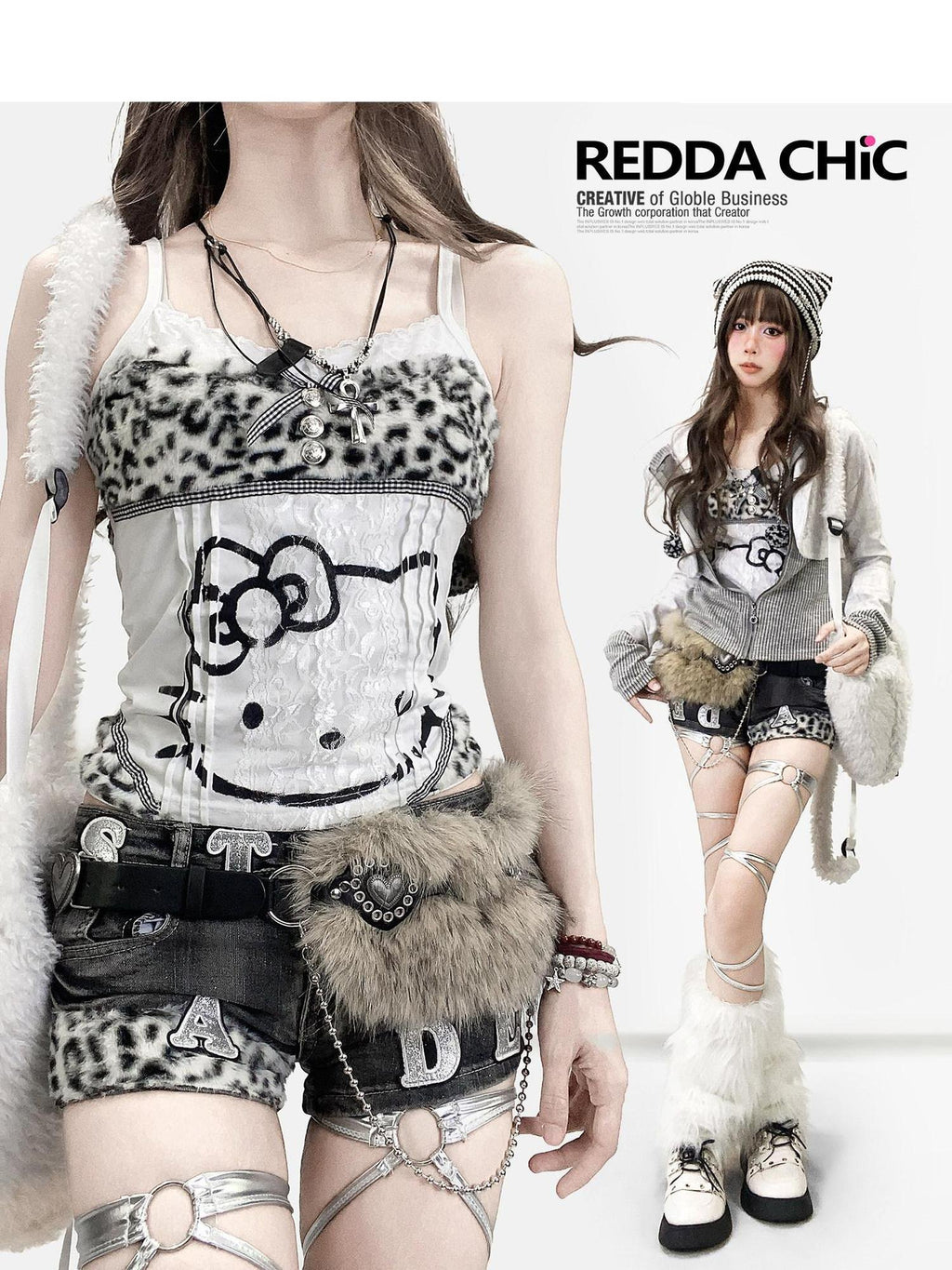 ReddaChic Y2K Cartoon Lace Slim Fit Cropped Leopard Print Women Short Sleeve T-Shirts