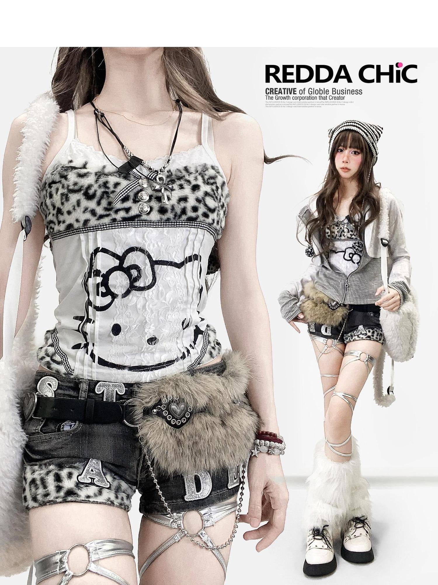ReddaChic Y2K Cartoon Lace Slim Fit Cropped Leopard Print Women Short Sleeve T-Shirts