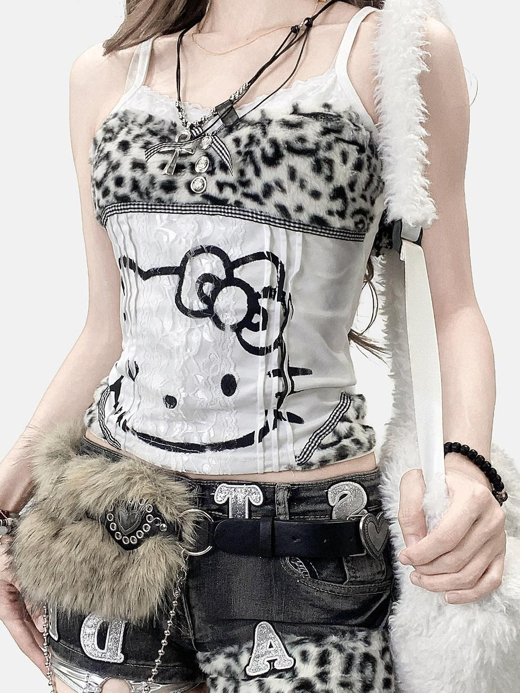 ReddaChic Y2K Cartoon Lace Slim Fit Cropped Leopard Print Women Short Sleeve T-Shirts