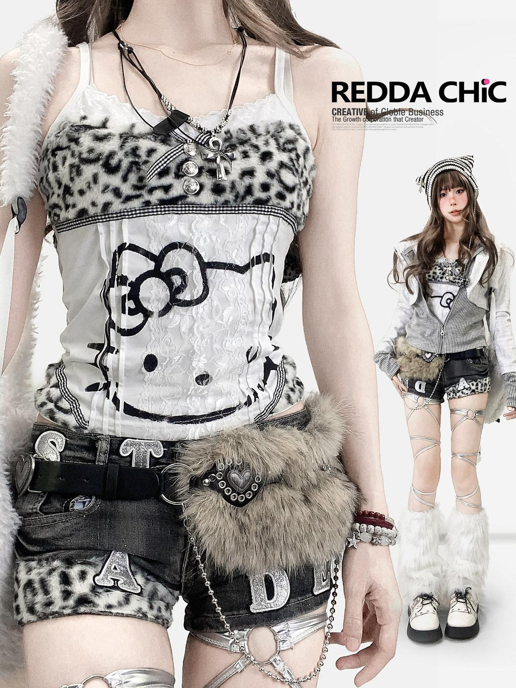 ReddaChic Y2K Cartoon Lace Slim Fit Cropped Leopard Print Women Short Sleeve T-Shirts