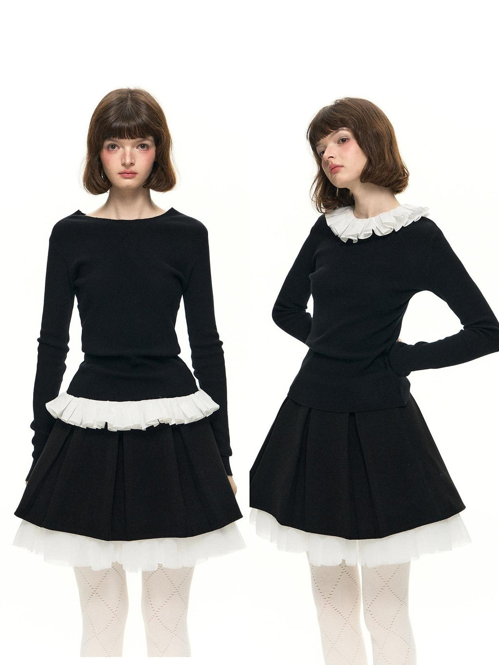 Romance Nanci Black Detachable Lace Collar Slim Women's Acrylic Knit Long Sleeve T-shirts