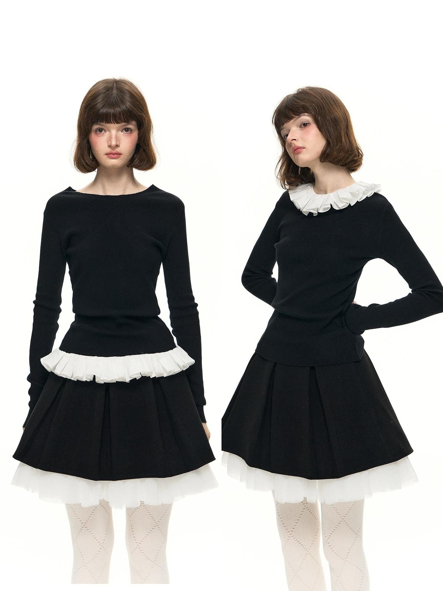 Romance Nanci Black Detachable Lace Collar Slim Women's Acrylic Knit Long Sleeve T-shirts