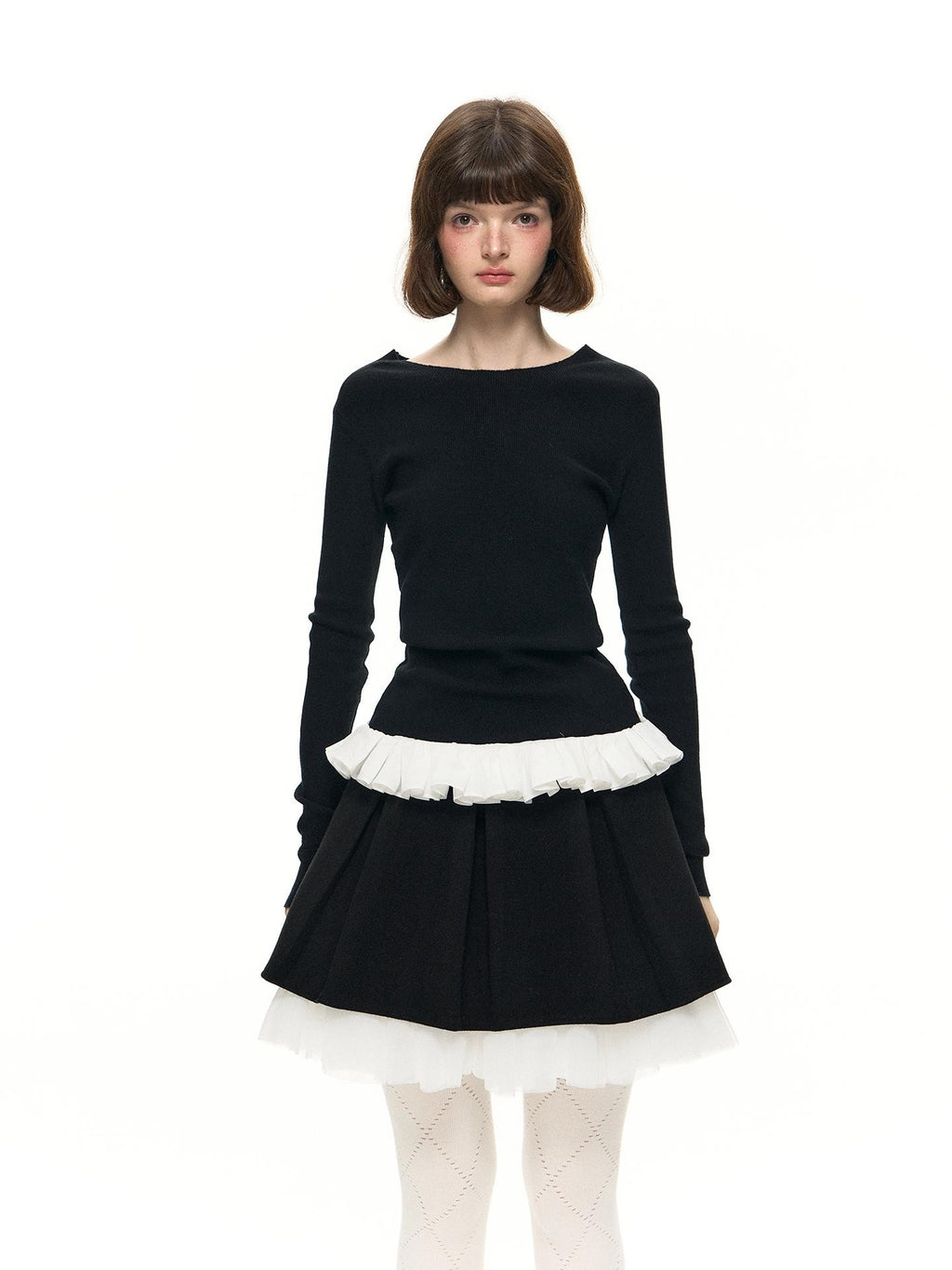 Romance Nanci Black Detachable Lace Collar Slim Women's Acrylic Knit Long Sleeve T-shirts