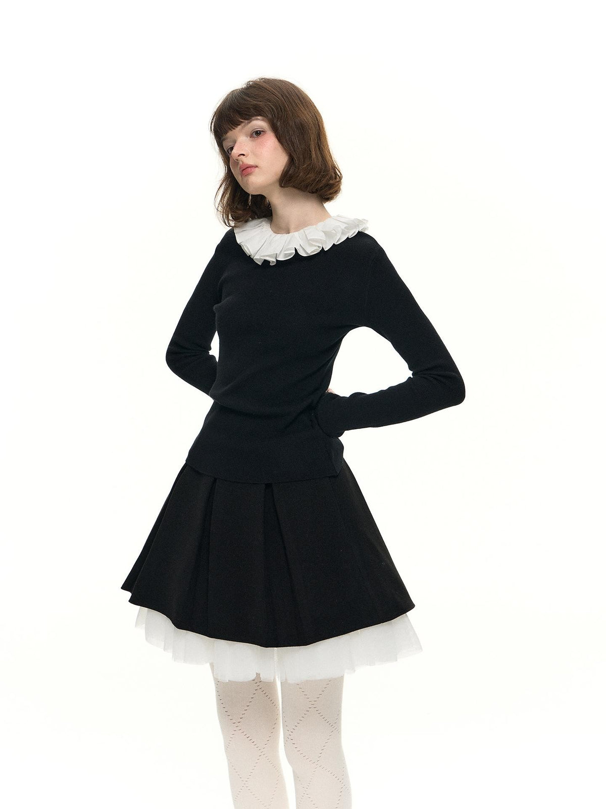 Romance Nanci Black Detachable Lace Collar Slim Women's Acrylic Knit Long Sleeve T-shirts