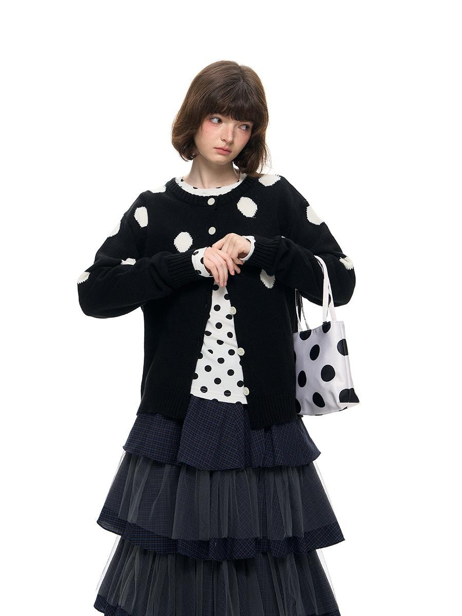 Romance Nanci Black Large Polka Dot Chunky Knit Women's Cotton Nylon Blend Cardigans