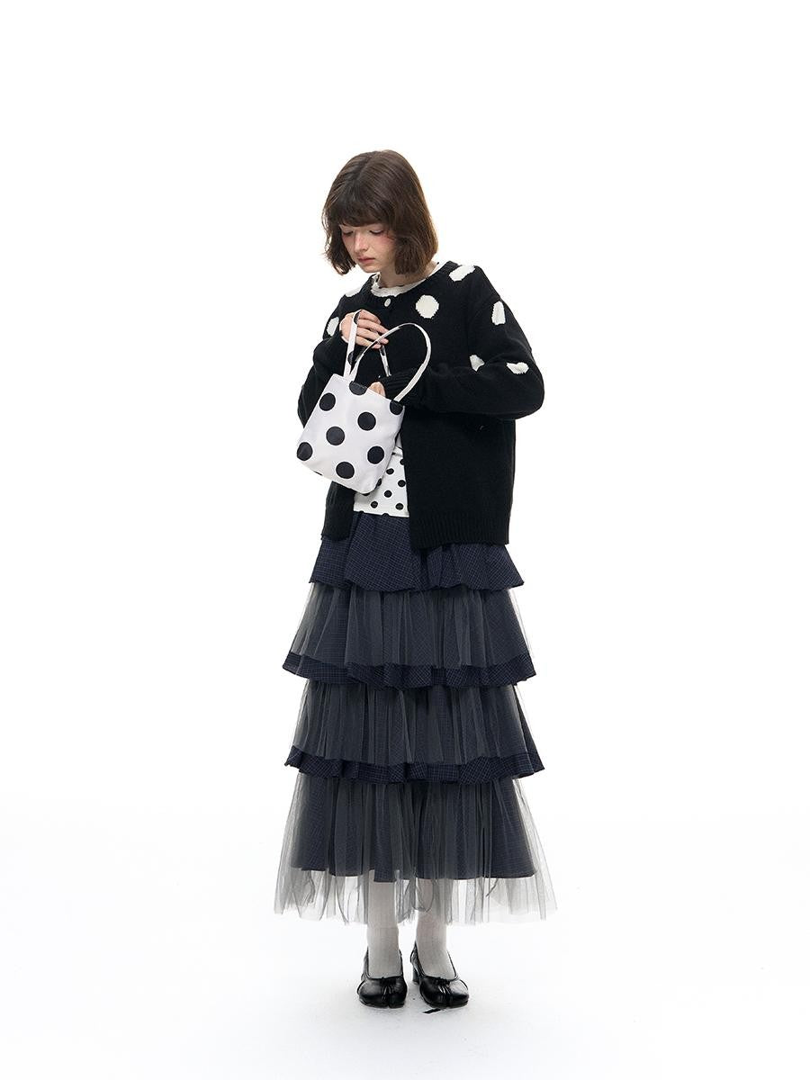 Romance Nanci Black Large Polka Dot Chunky Knit Women's Cotton Nylon Blend Cardigans