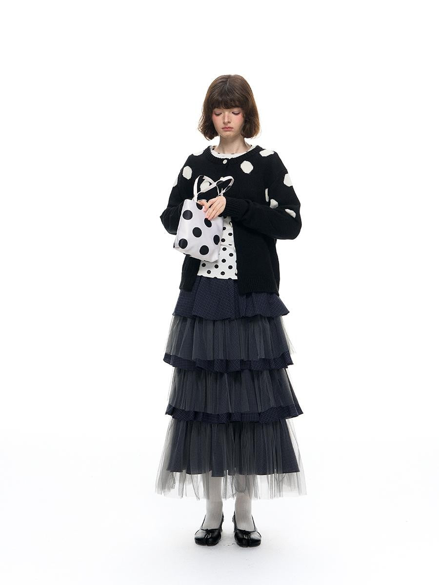 Romance Nanci Black Large Polka Dot Chunky Knit Women's Cotton Nylon Blend Cardigans