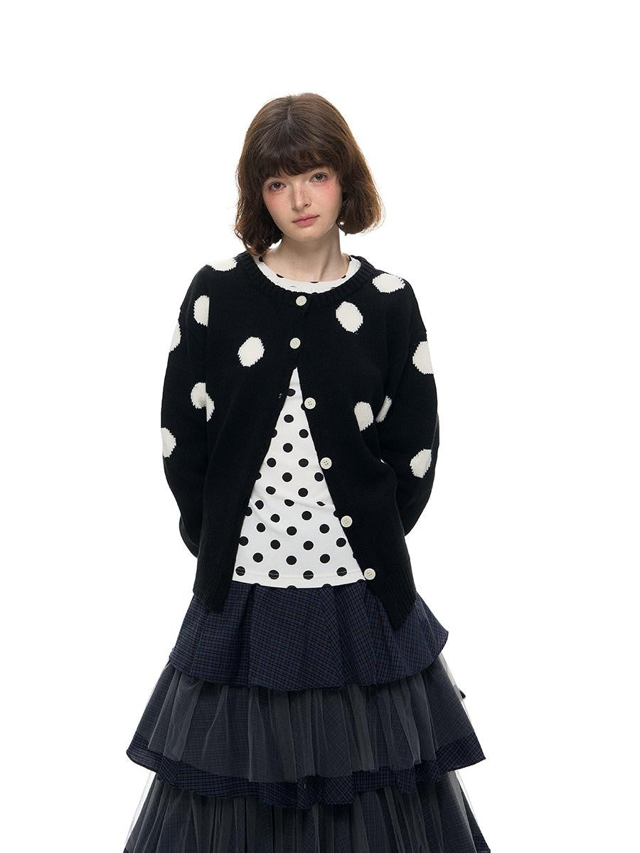 Romance Nanci Black Large Polka Dot Chunky Knit Women's Cotton Nylon Blend Cardigans