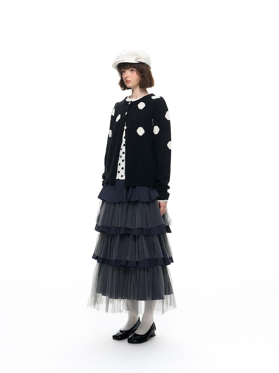 Romance Nanci Black Large Polka Dot Chunky Knit Women's Cotton Nylon Blend Cardigans