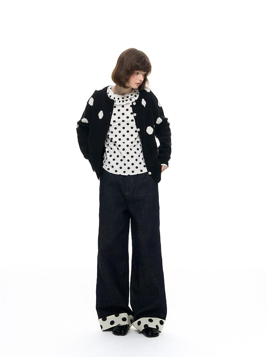 Romance Nanci Black Large Polka Dot Chunky Knit Women's Cotton Nylon Blend Cardigans