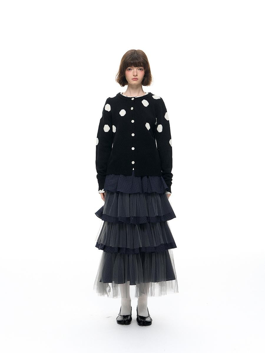 Romance Nanci Black Large Polka Dot Chunky Knit Women's Cotton Nylon Blend Cardigans