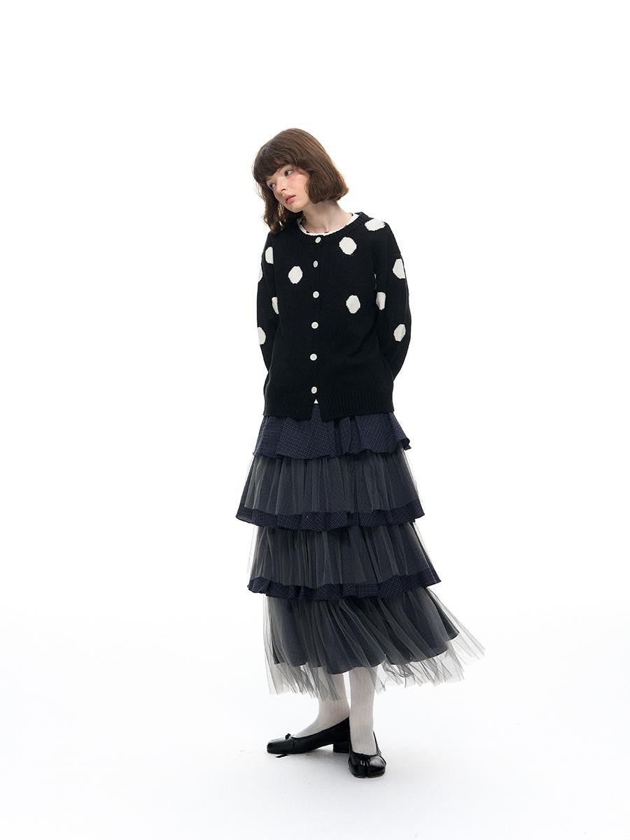 Romance Nanci Black Large Polka Dot Chunky Knit Women's Cotton Nylon Blend Cardigans