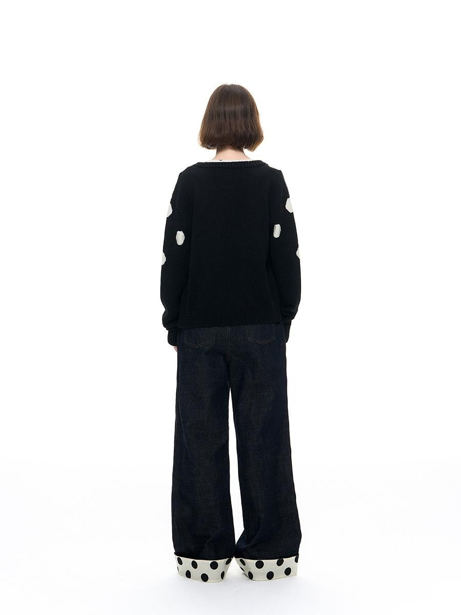 Romance Nanci Black Large Polka Dot Chunky Knit Women's Cotton Nylon Blend Cardigans