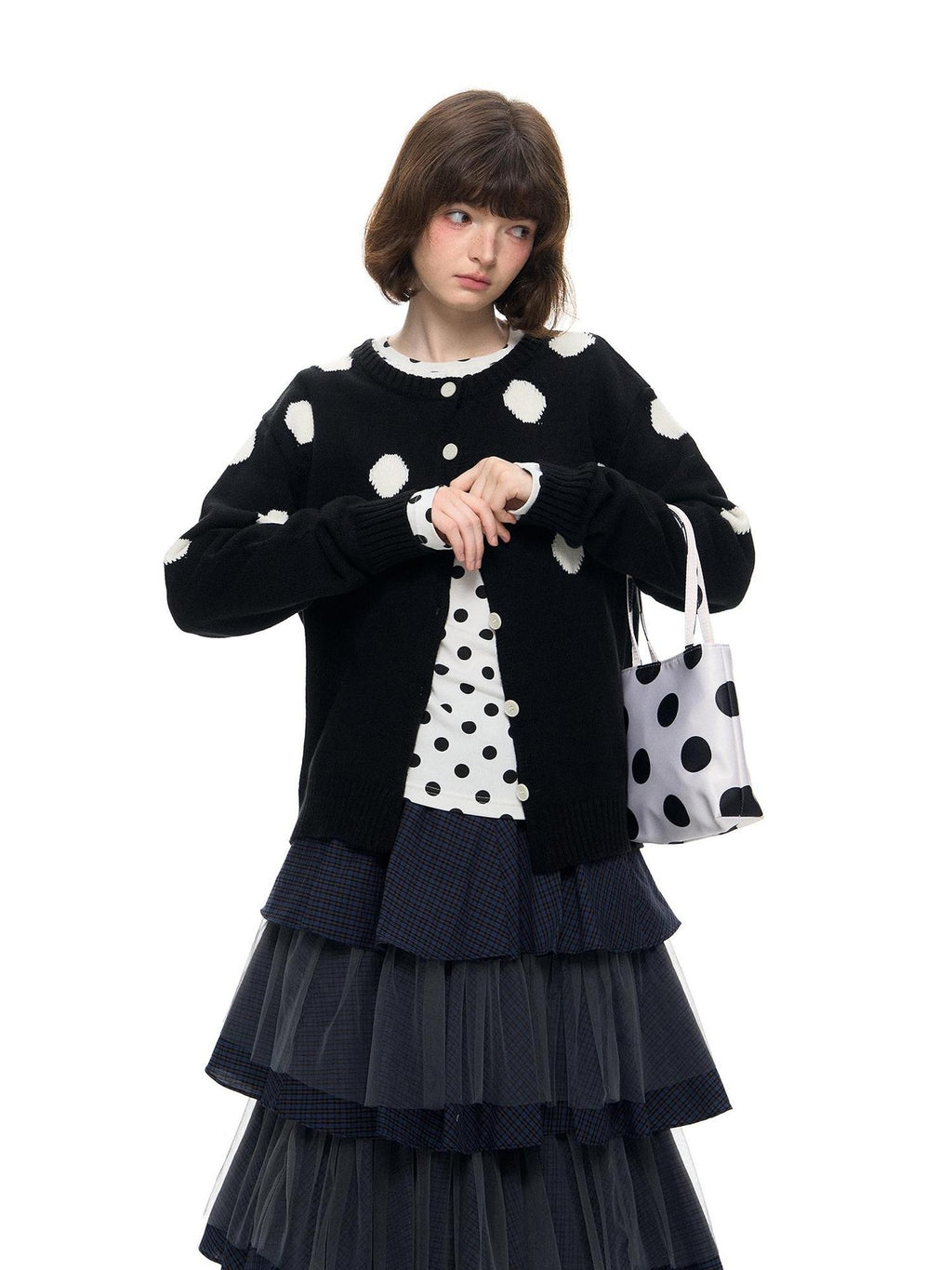 Romance Nanci Black Large Polka Dot Chunky Knit Women's Cotton Nylon Blend Cardigans