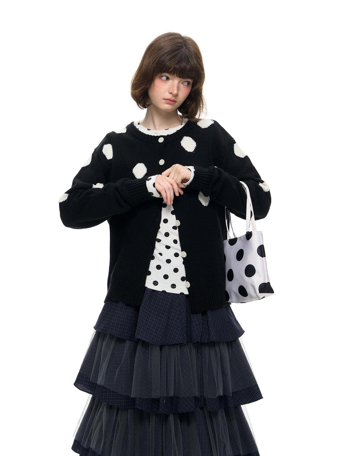 Romance Nanci Black Large Polka Dot Chunky Knit Women's Cotton Nylon Blend Cardigans