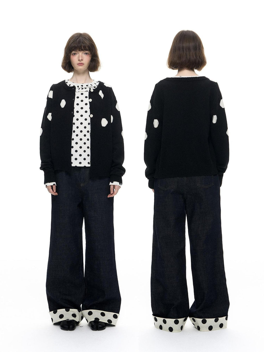 Romance Nanci Black Large Polka Dot Chunky Knit Women's Cotton Nylon Blend Cardigans