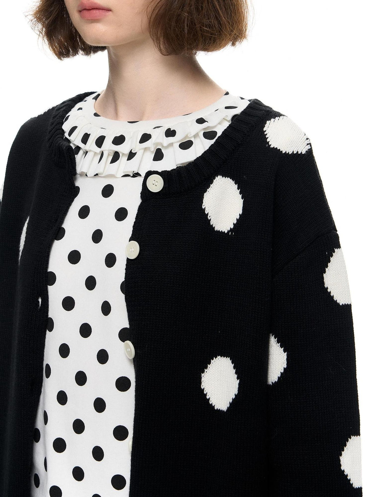 Romance Nanci Black Large Polka Dot Chunky Knit Women's Cotton Nylon Blend Cardigans