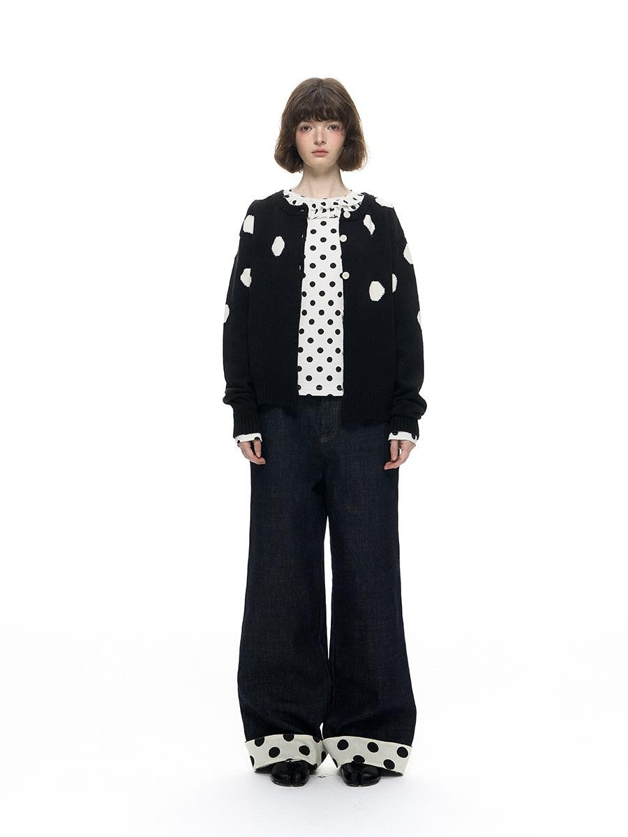 Romance Nanci Black Large Polka Dot Chunky Knit Women's Cotton Nylon Blend Cardigans