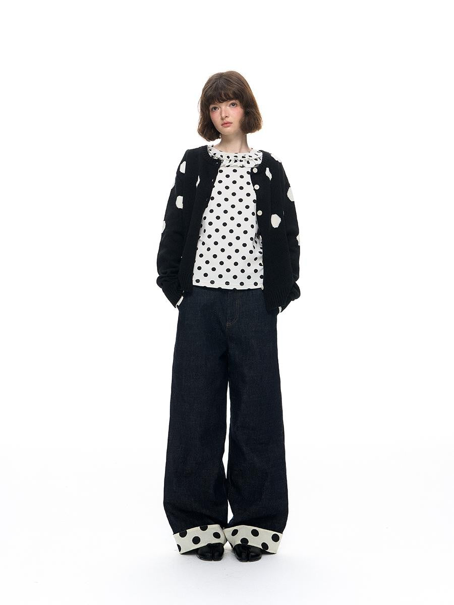 Romance Nanci Black Large Polka Dot Chunky Knit Women's Cotton Nylon Blend Cardigans