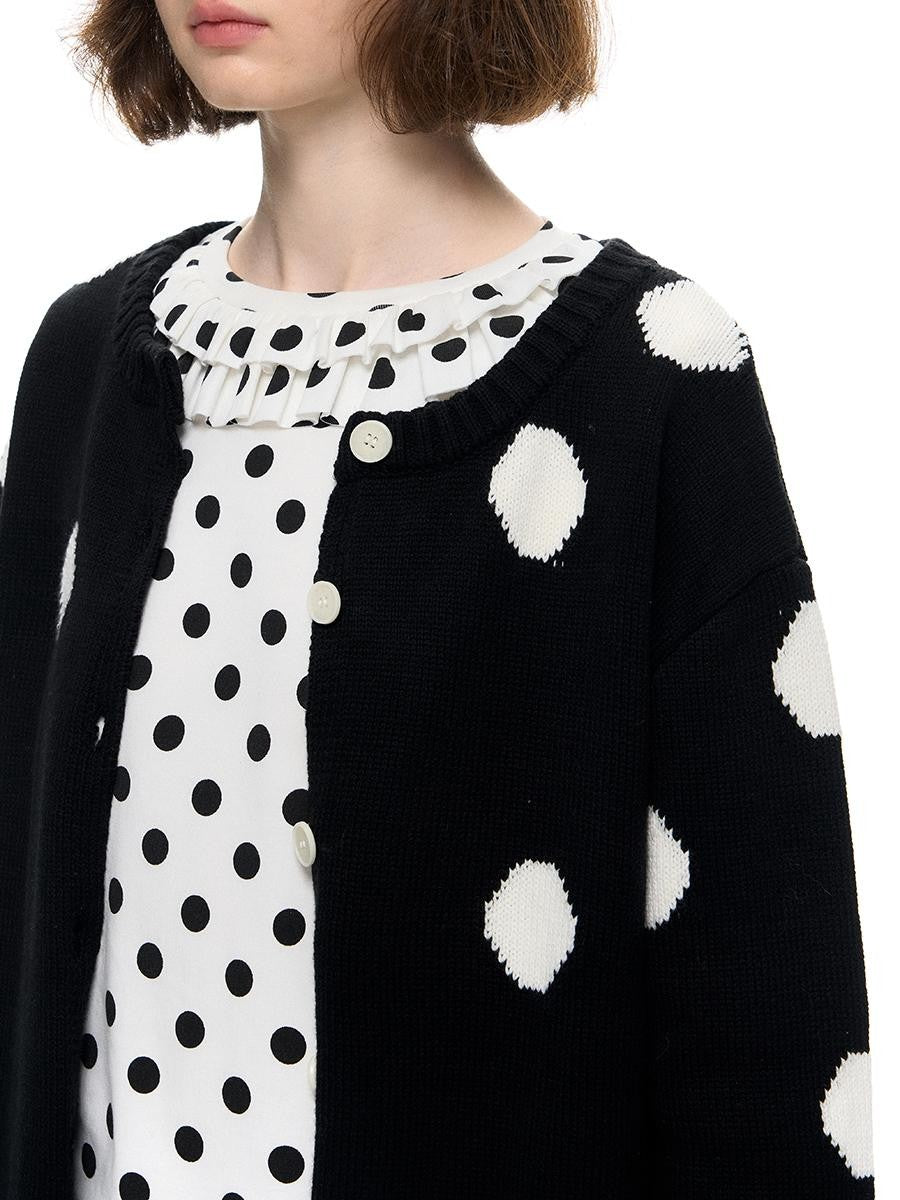 Romance Nanci Black Large Polka Dot Chunky Knit Women's Cotton Nylon Blend Cardigans
