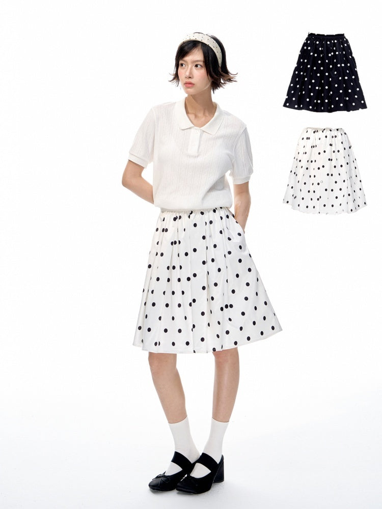 Romance_Nanci_Black_White_Two_Tone_Polka_Dot_Puff_A_Line_Women's_Polyester_Midi_Skirts_923039426107_MISSTT