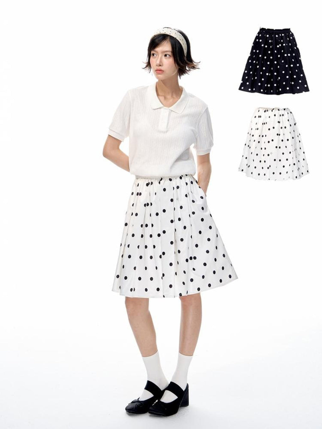 Romance Nanci Black White Two Tone Polka Dot Puff A Line Women's Polyester Midi Skirts