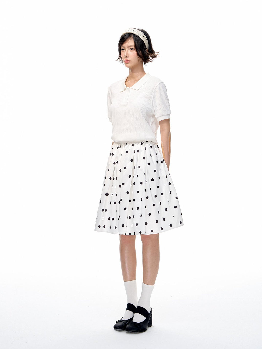 Romance Nanci Black White Two Tone Polka Dot Puff A Line Women's Polyester Midi Skirts