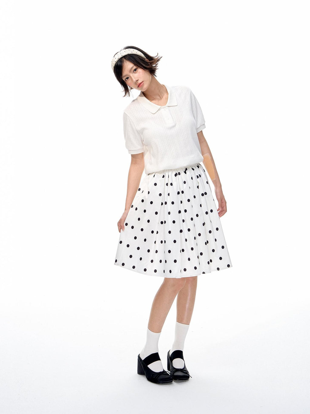 Romance Nanci Black White Two Tone Polka Dot Puff A Line Women's Polyester Midi Skirts