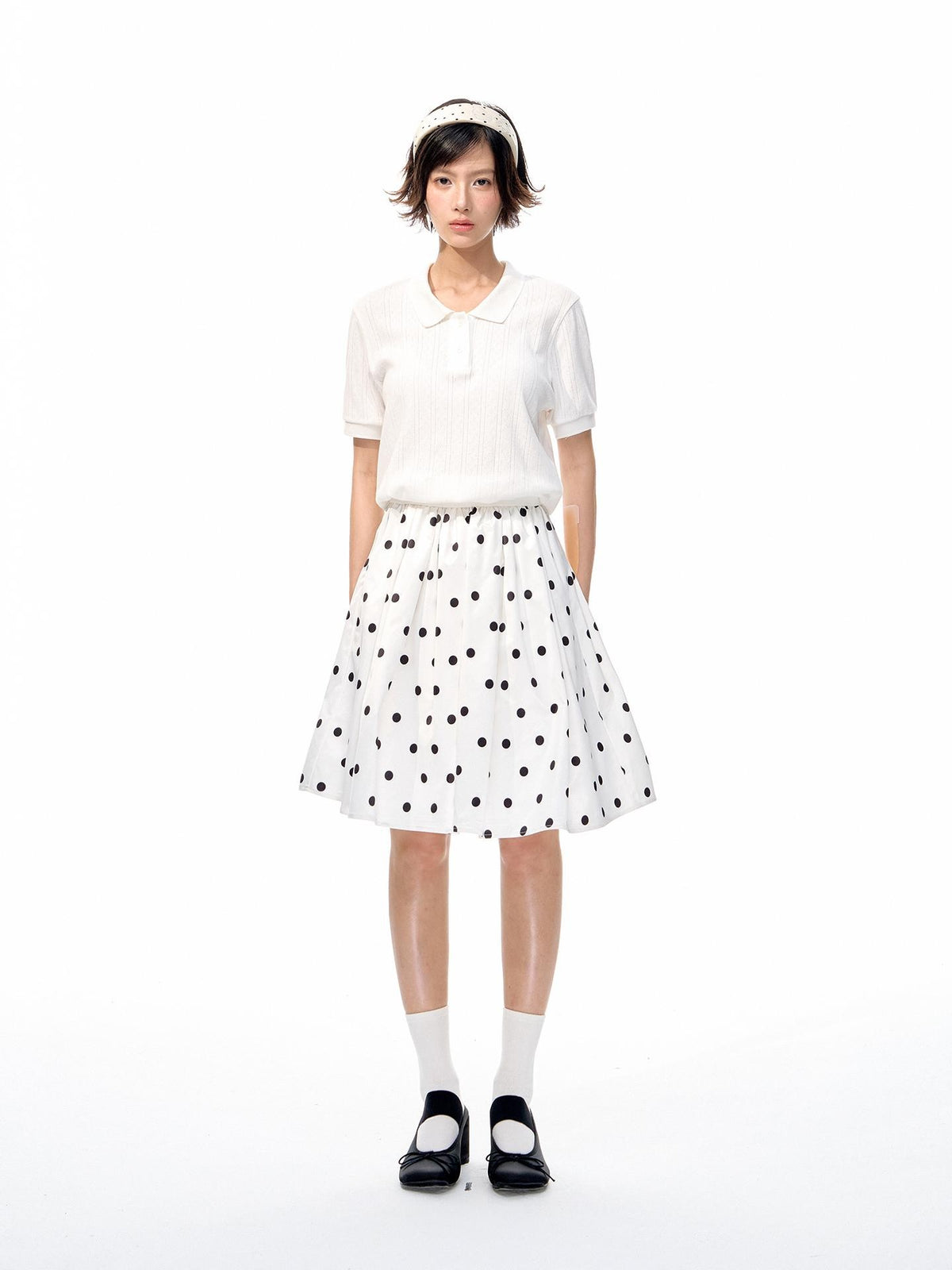 Romance Nanci Black White Two Tone Polka Dot Puff A Line Women's Polyester Midi Skirts