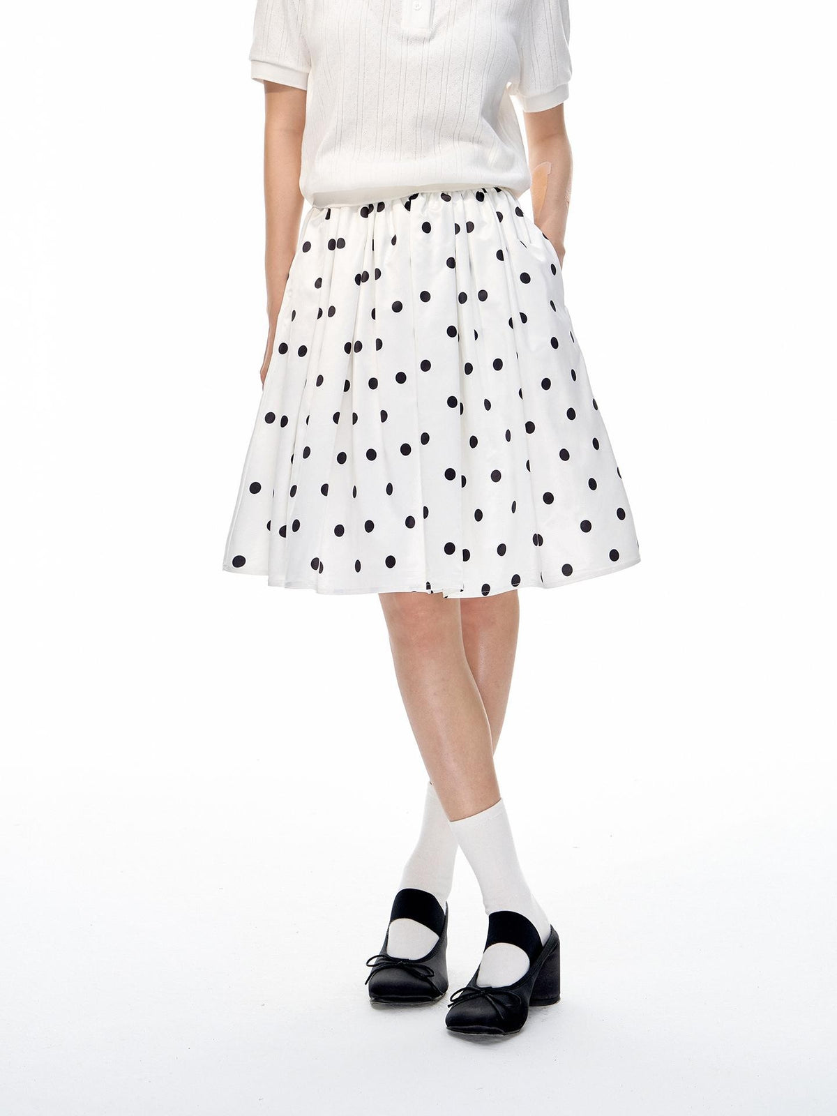 Romance Nanci Black White Two Tone Polka Dot Puff A Line Women's Polyester Midi Skirts