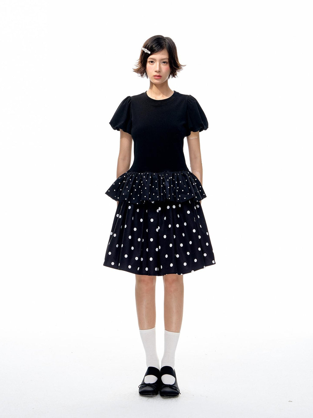 Romance Nanci Black White Two Tone Polka Dot Puff A Line Women's Polyester Midi Skirts