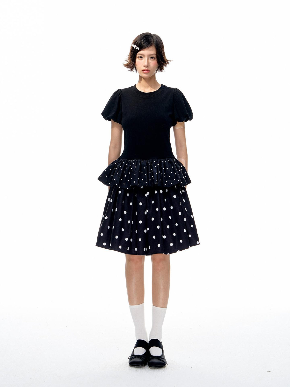 Romance Nanci Black White Two Tone Polka Dot Puff A Line Women's Polyester Midi Skirts