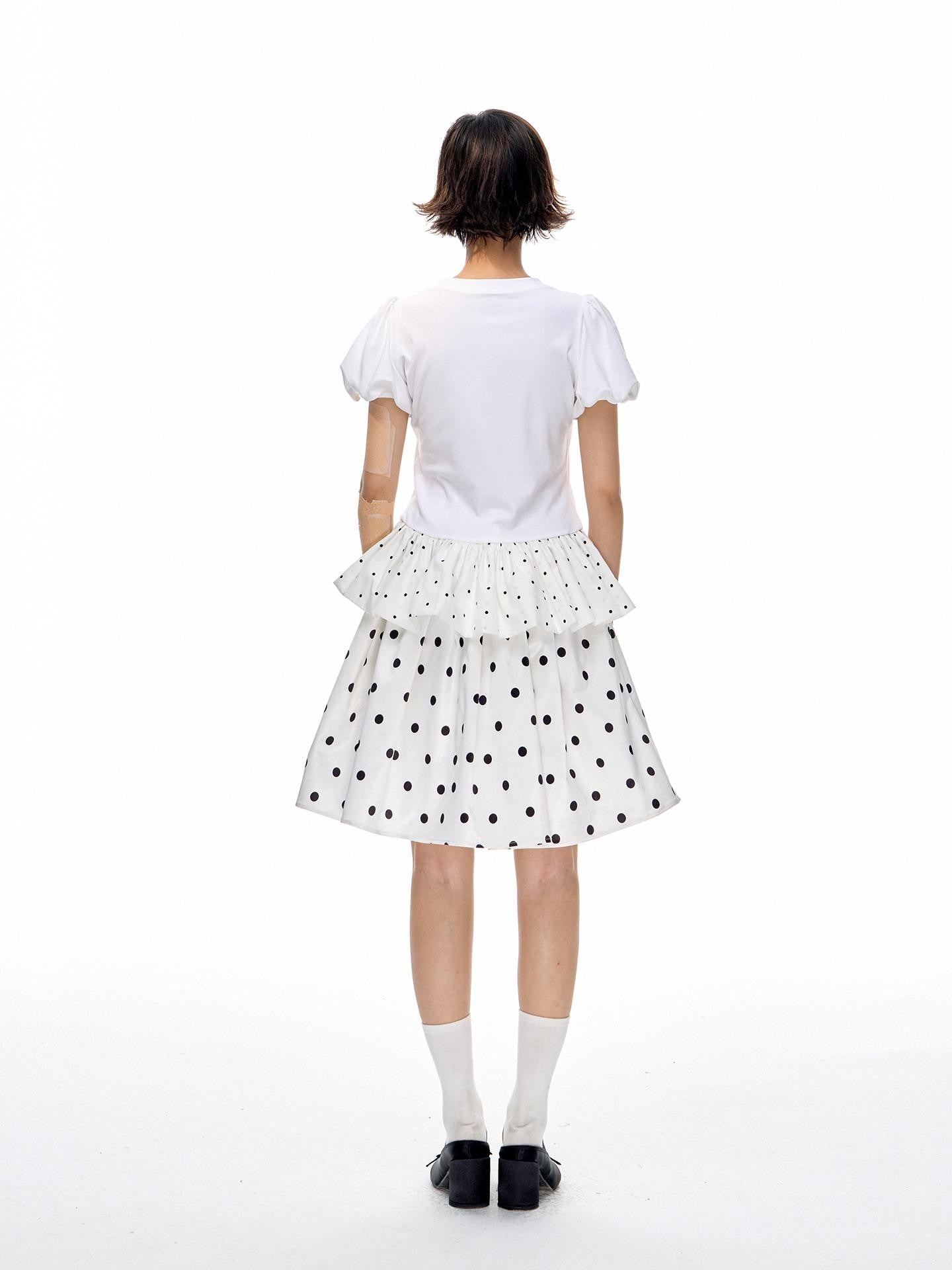 Romance Nanci Black White Two Tone Polka Dot Puff A Line Women's Polyester Midi Skirts