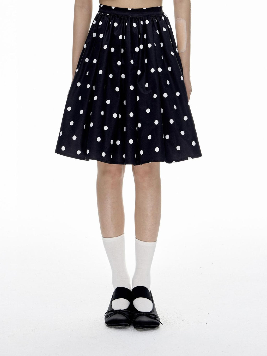 Romance Nanci Black White Two Tone Polka Dot Puff A Line Women's Polyester Midi Skirts