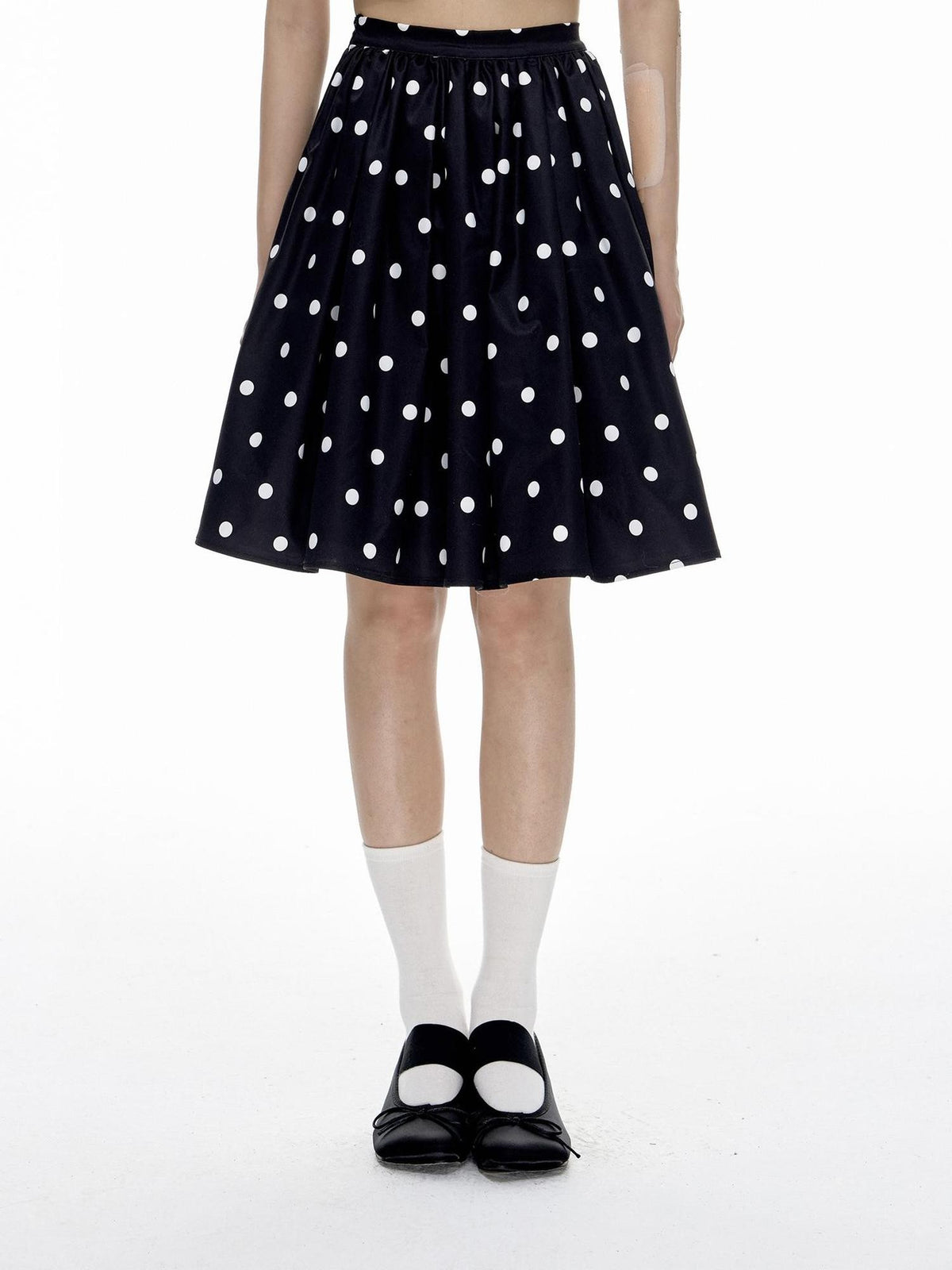 Romance Nanci Black White Two Tone Polka Dot Puff A Line Women's Polyester Midi Skirts