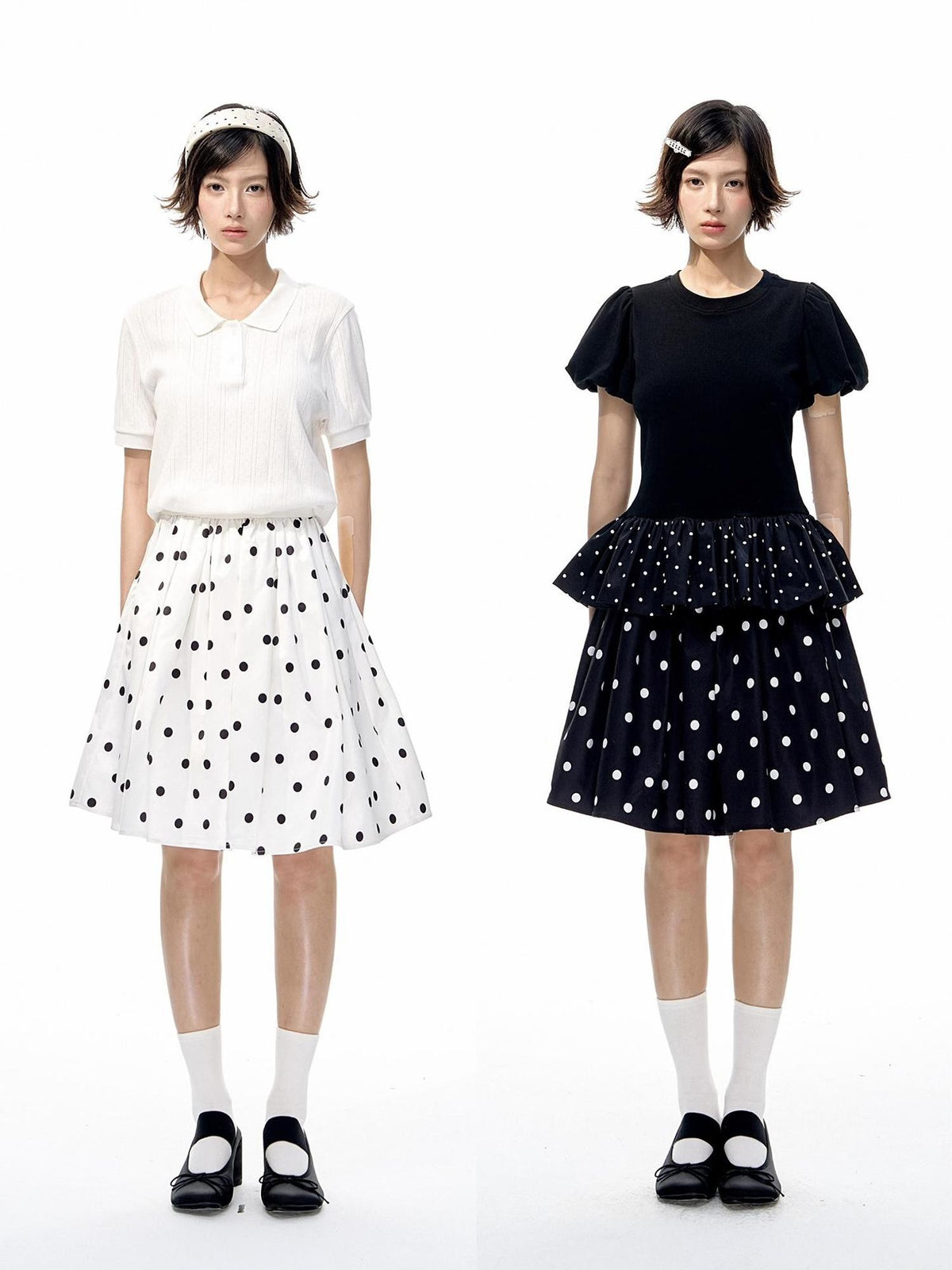 Romance Nanci Black White Two Tone Polka Dot Puff A Line Women's Polyester Midi Skirts