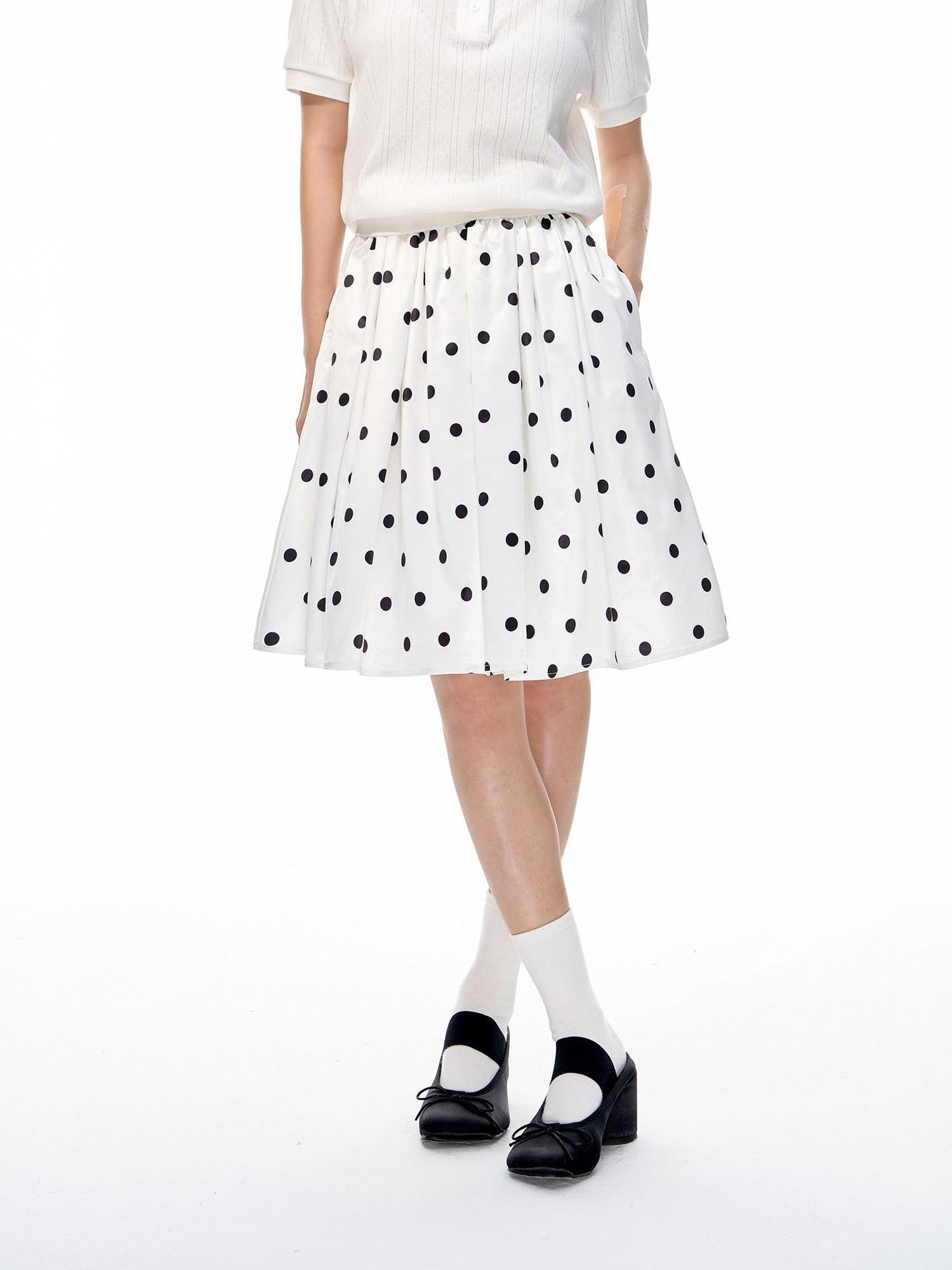 Romance Nanci Black White Two Tone Polka Dot Puff A Line Women's Polyester Midi Skirts