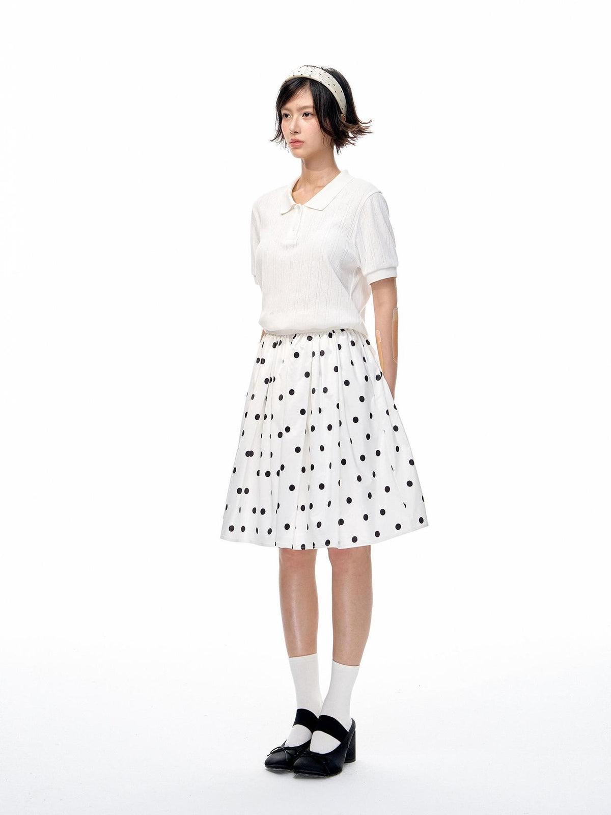 Romance Nanci Black White Two Tone Polka Dot Puff A Line Women's Polyester Midi Skirts
