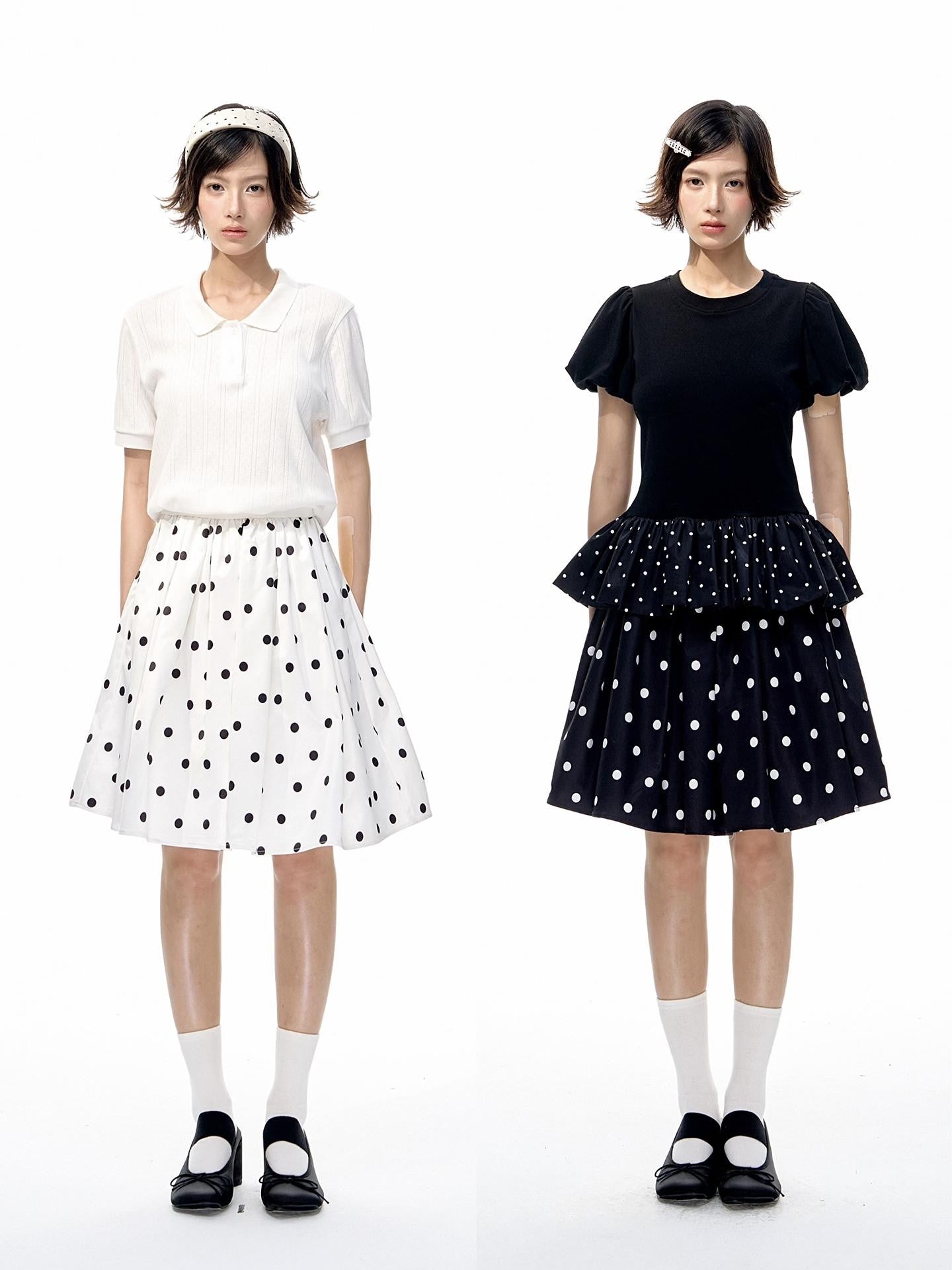 Romance Nanci Black White Two Tone Polka Dot Puff A Line Women's Polyester Midi Skirts