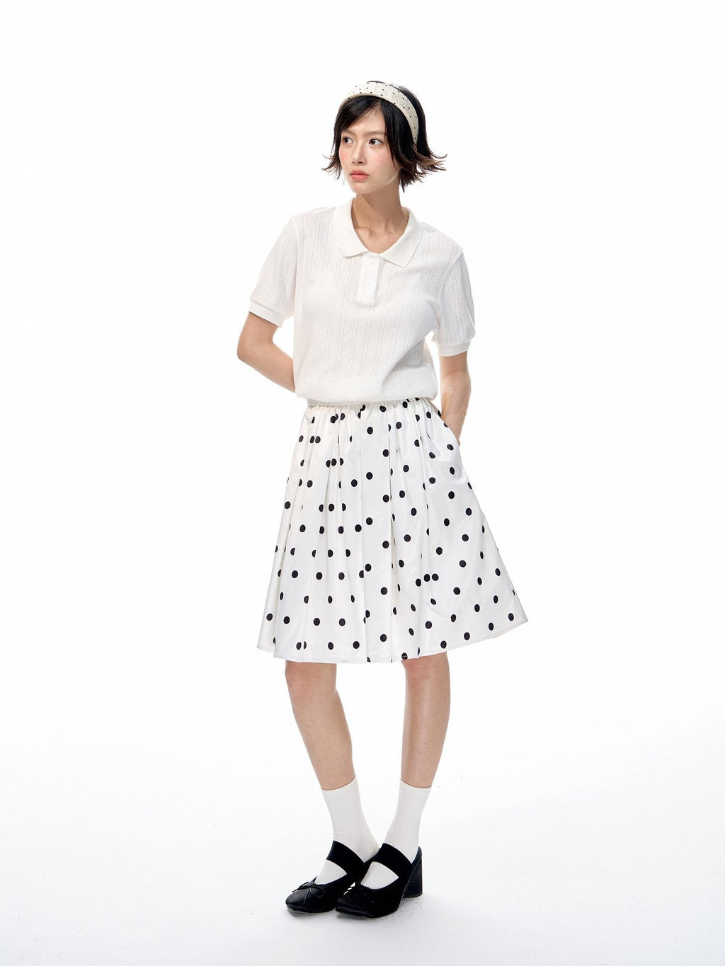 Romance Nanci Black White Two Tone Polka Dot Puff A Line Women's Polyester Midi Skirts