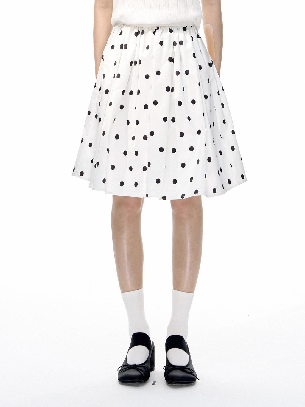 Romance Nanci Black White Two Tone Polka Dot Puff A Line Women's Polyester Midi Skirts
