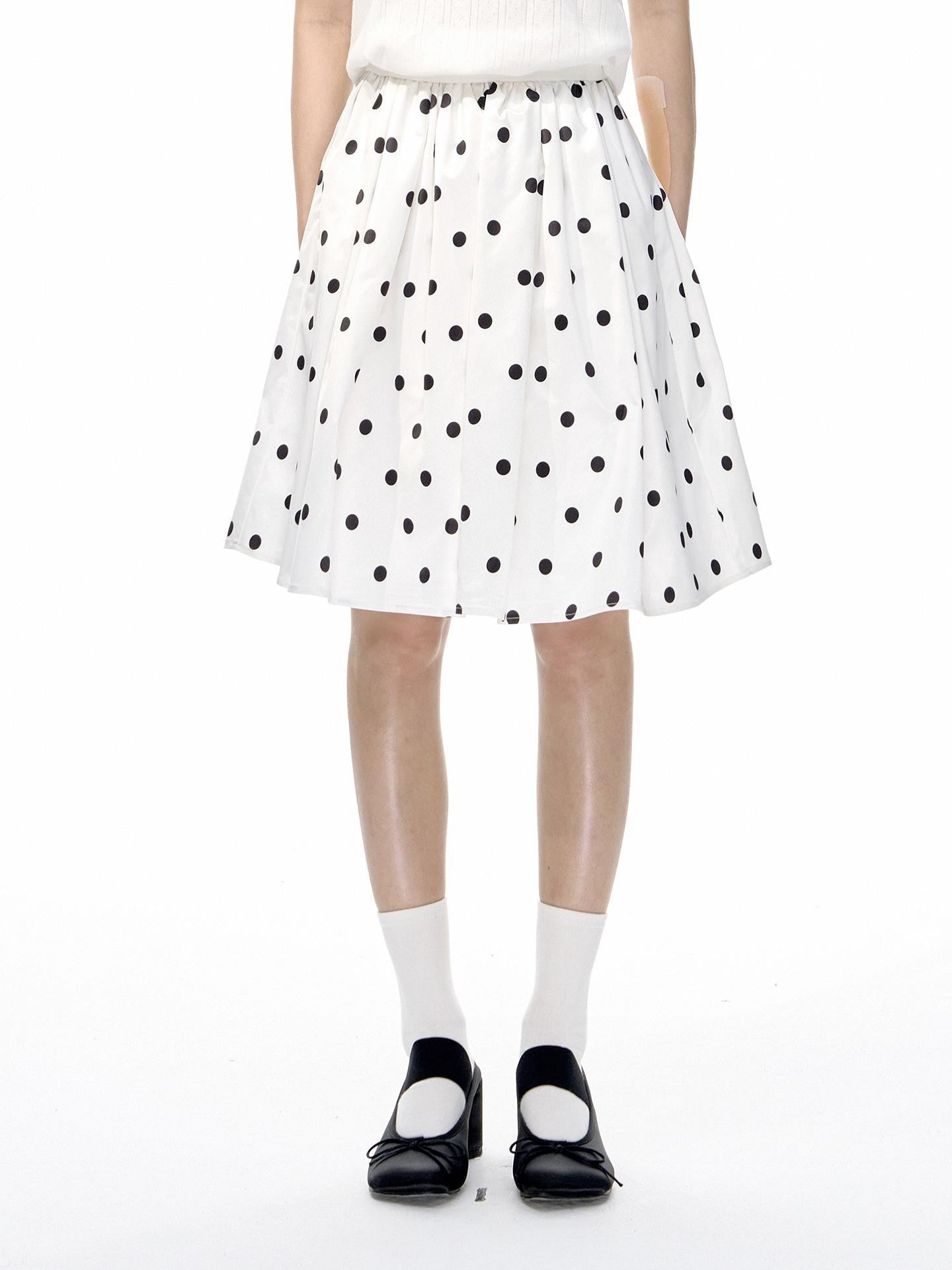 Romance Nanci Black White Two Tone Polka Dot Puff A Line Women's Polyester Midi Skirts