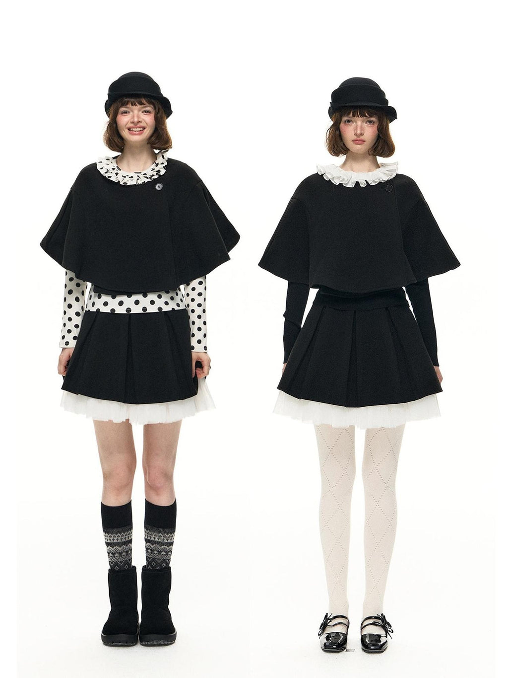 Romance Nanci Black Witch Cape Puffed Pleated Short Skirt Women's Wool Matching Skirt Sets