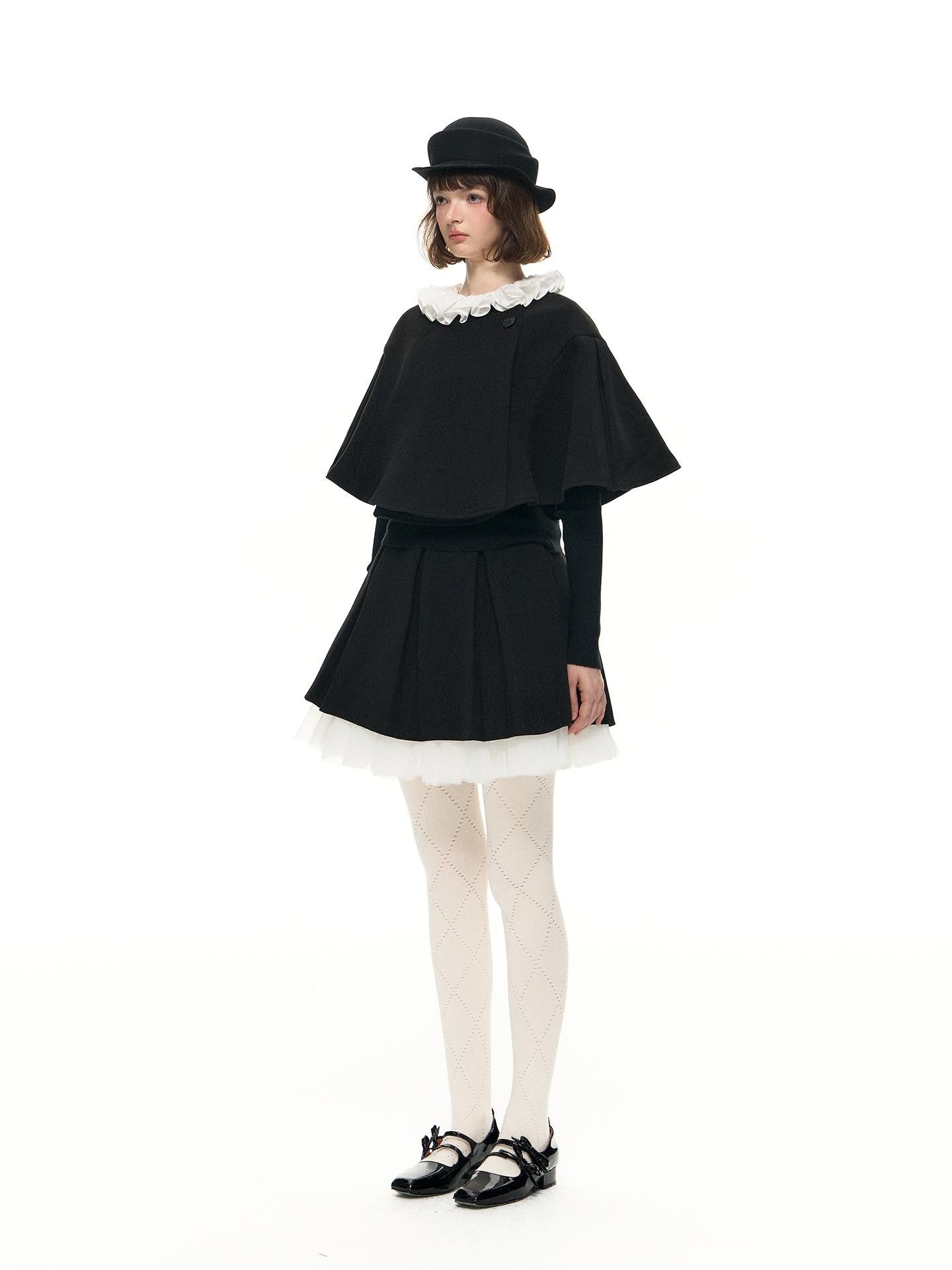 Romance Nanci Black Witch Cape Puffed Pleated Short Skirt Women's Wool Matching Skirt Sets