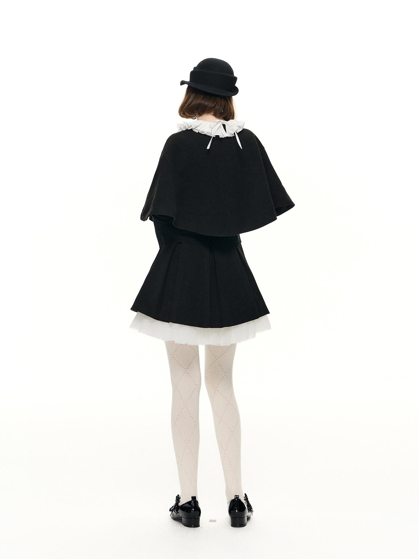 Romance Nanci Black Witch Cape Puffed Pleated Short Skirt Women's Wool Matching Skirt Sets