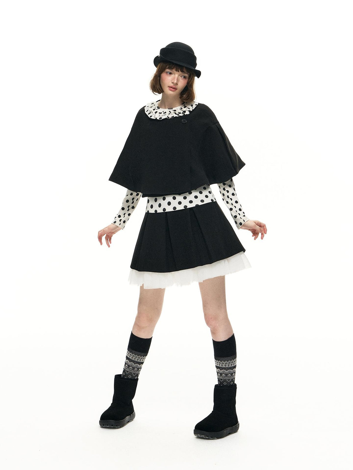 Romance Nanci Black Witch Cape Puffed Pleated Short Skirt Women's Wool Matching Skirt Sets