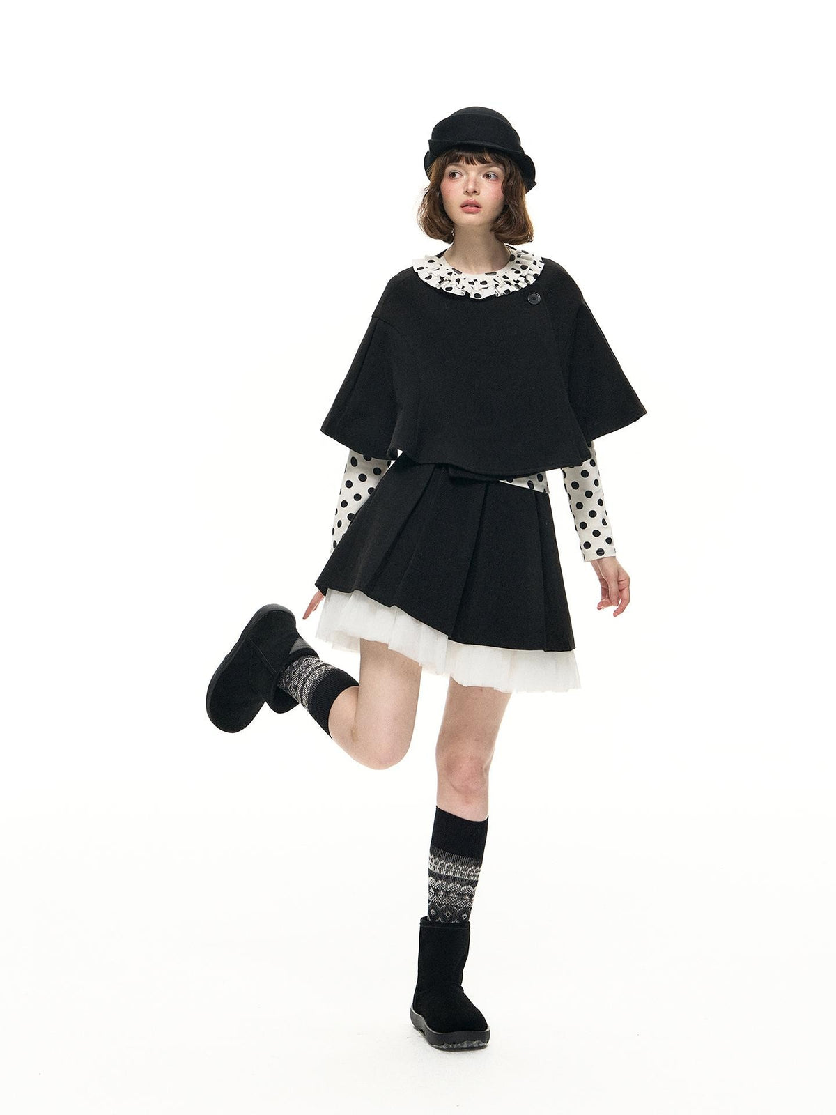 Romance Nanci Black Witch Cape Puffed Pleated Short Skirt Women's Wool Matching Skirt Sets