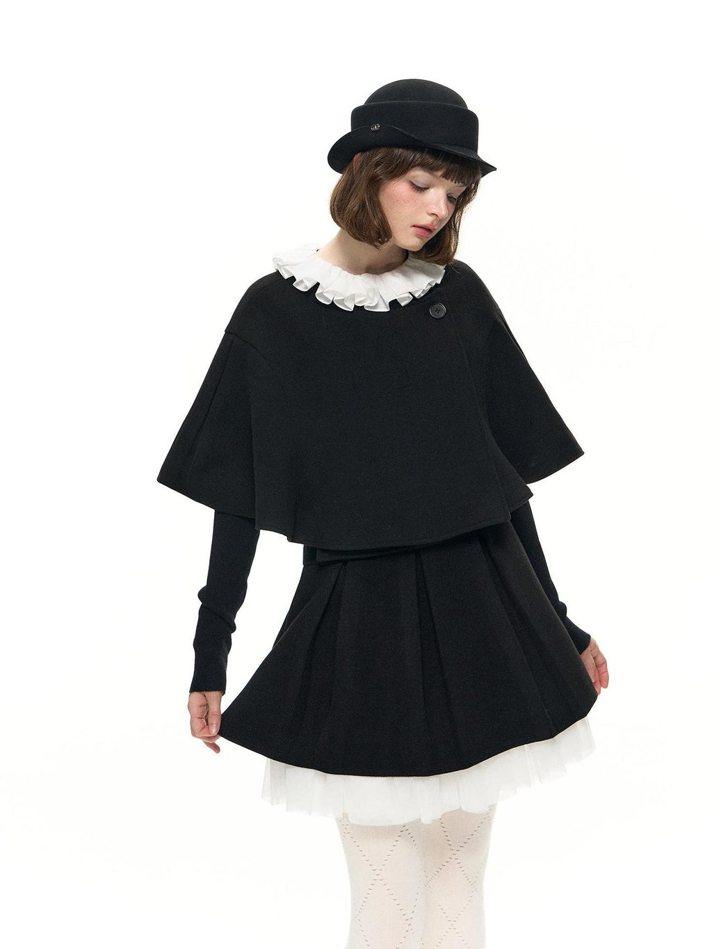 Romance Nanci Black Witch Cape Puffed Pleated Short Skirt Women's Wool Matching Skirt Sets