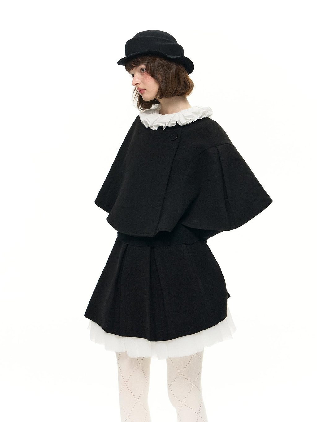 Romance Nanci Black Witch Cape Puffed Pleated Short Skirt Women's Wool Matching Skirt Sets