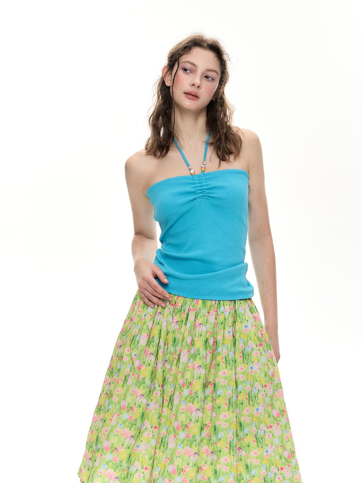 Romance Nanci Blue Beaded Halter Neck Pullover Slim Fit Bandeau Women's Cotton Halter Tops